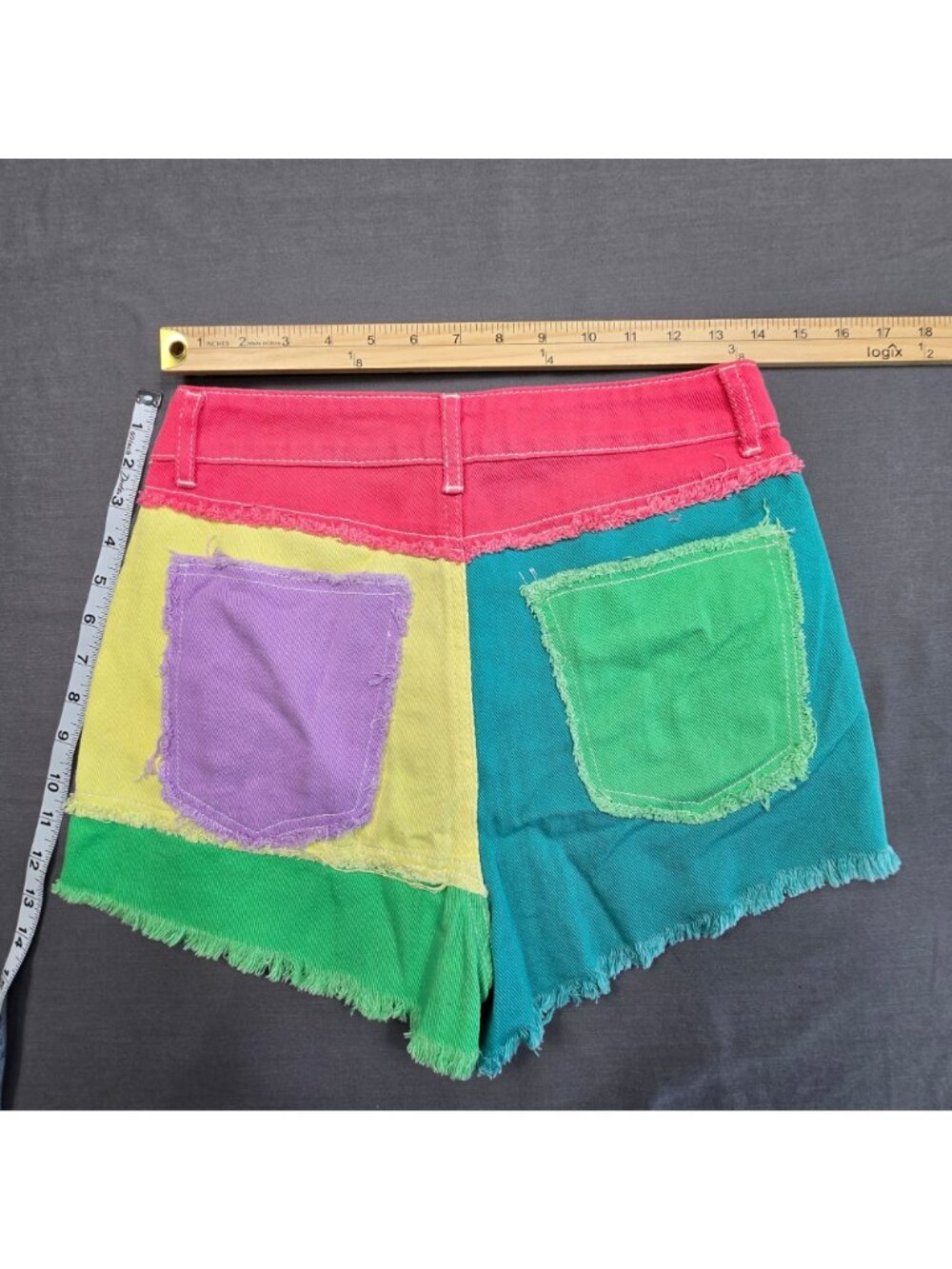 Medium 6 High-Waisted Pastel Colorblock Denim Shorts Festival Rave Frayed Hem - Picture 3 of 3